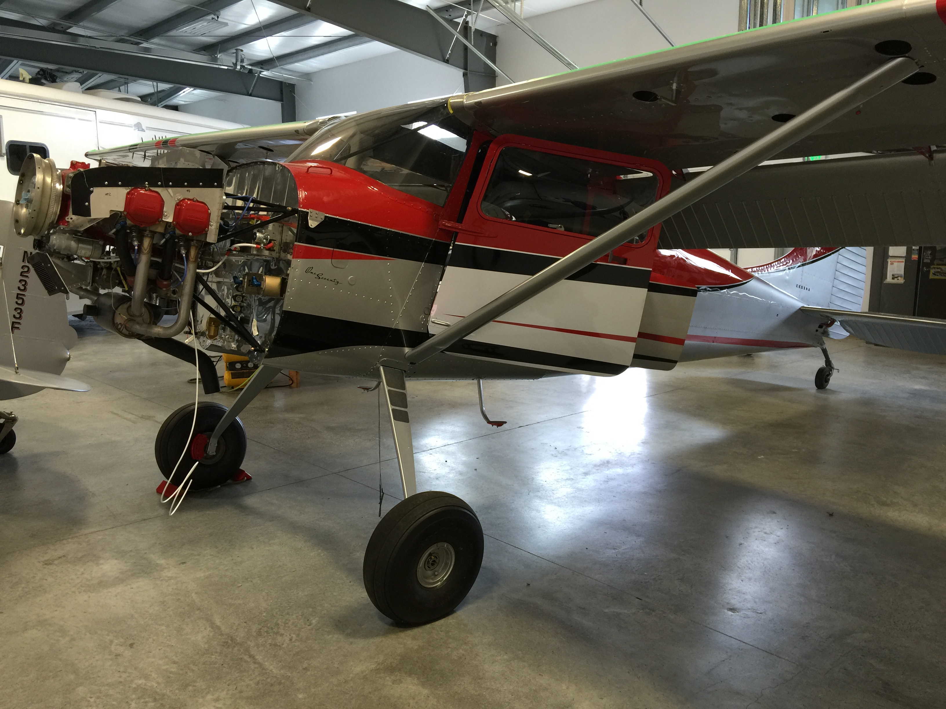 The silver, red, and black Cessna 170B awaits a prop installation. Photos courtesy of Kyle Fosso.