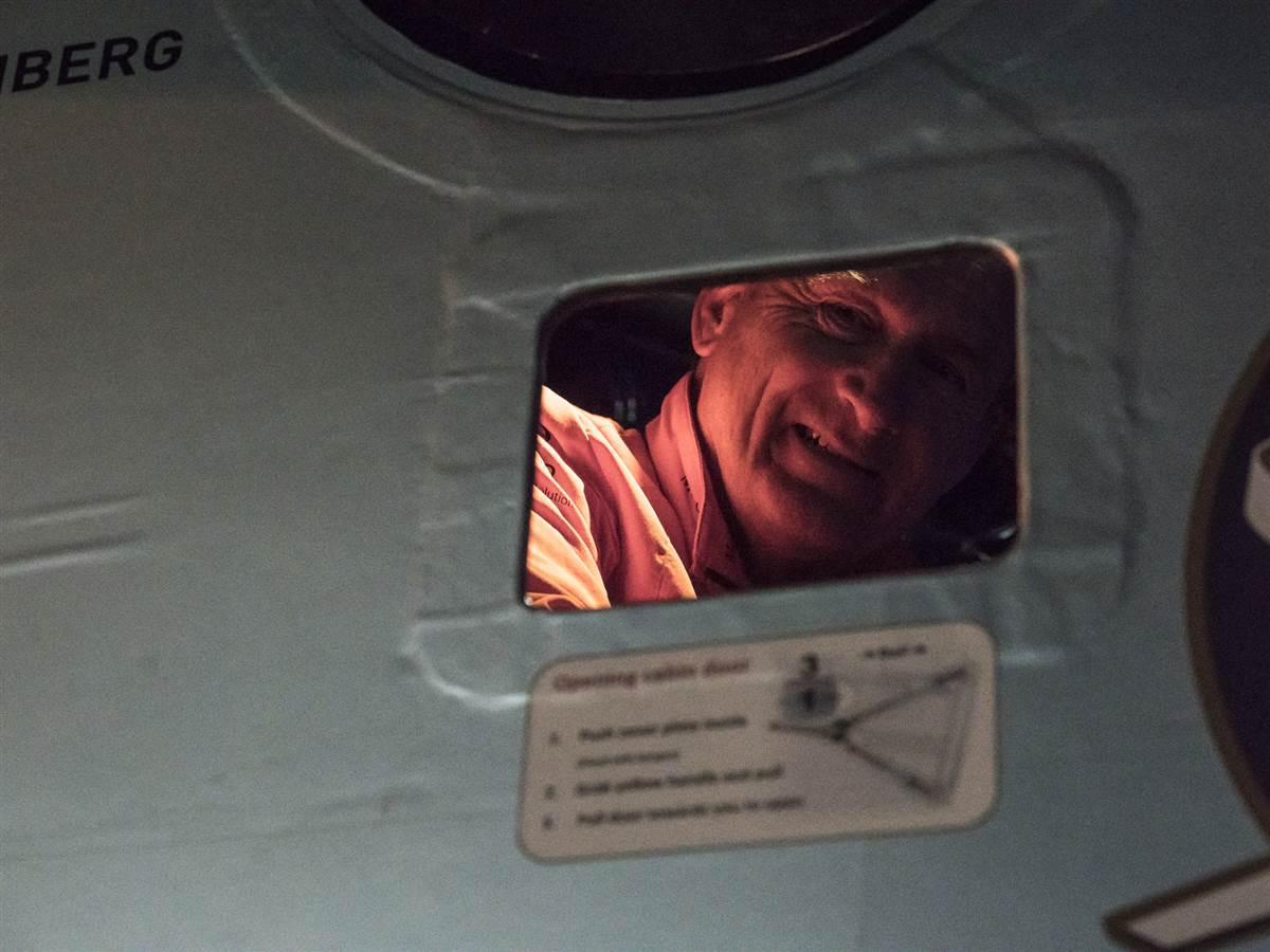 André Borschberg peers through the window after arriving in Phoenix May 2. Photo courtesy of Solar Impulse.