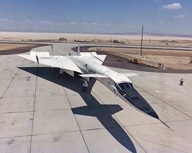 The XB-70 Valkyrie flew at Mach 3 on bended wings in the 1960s. NASA photo. 