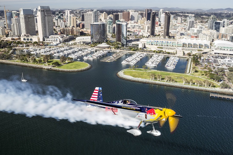Kirby Chambliss flew over San Diego Bay in March, and this photo shows the waterfront park where race fans will get a spectacular view of the Red Bull Air Race action. Photo by Chris Tedesco/Red Bull Content Pool 