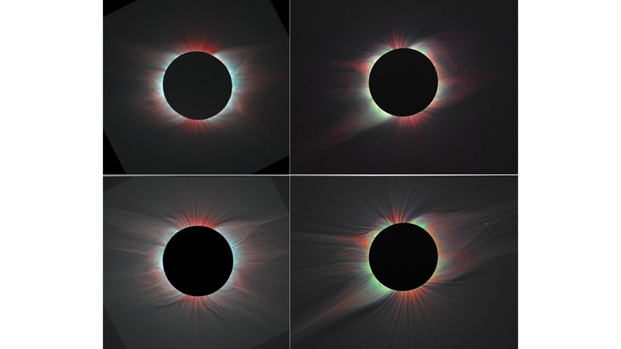 These images of the solar corona are color overlays of the emission from highly ionized iron lines for the 2006 eclipse (left column) and 2008 eclipse (right column), with white-light images added in the bottom row. Red indicates iron line Fe XI 789.2 nm, blue represents iron line Fe XIII 1074.7 nm, and green shows iron line Fe XIV 530.3 nm. These are the first such maps of the 2-D distribution of coronal electron temperature and ion charge state. Image courtesy of  NASA Goddard Space Flight Center / Habbal, et al.