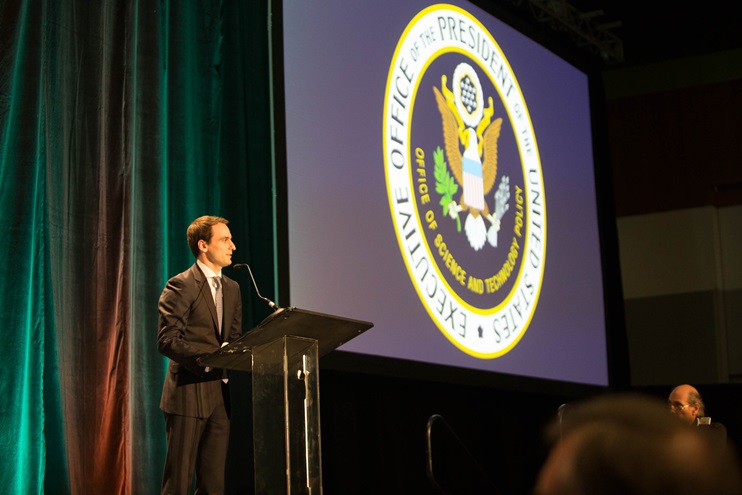 Deputy Assistant to the President and Deputy U.S. Chief Technology Officer Michael Kratsios address Drone World Expo on Oct. 3. Jim Moore photo.