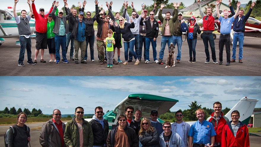 Flights Above the Pacific Northwest members posed for a photo in 2012, bottom, to commemorate the Facebook group's founding. They, and others, returned to the same airport (wearing much the same attire) in June 2017 for the photo at top, celebrating five years of socializing around aviation. Photos by John Marzulli courtesy of Flights Above the Pacific Northwest. 