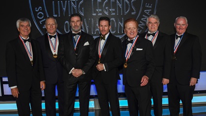 Honorees inducted into the fifteenth annual Awards for the Living Legends of Aviation on Jan. 19 in Beverly Hills, California. Left to right, Dr. Ulf Merbold, H. Ross Perot Jr., John Travolta, Felix Baumgartner, Danny Clisham, Bruno Gantenbrink, AOPA President and CEO Mark Baker. Photo Credits ©2018 Larry Grace Photography / Living Legends of Aviation.