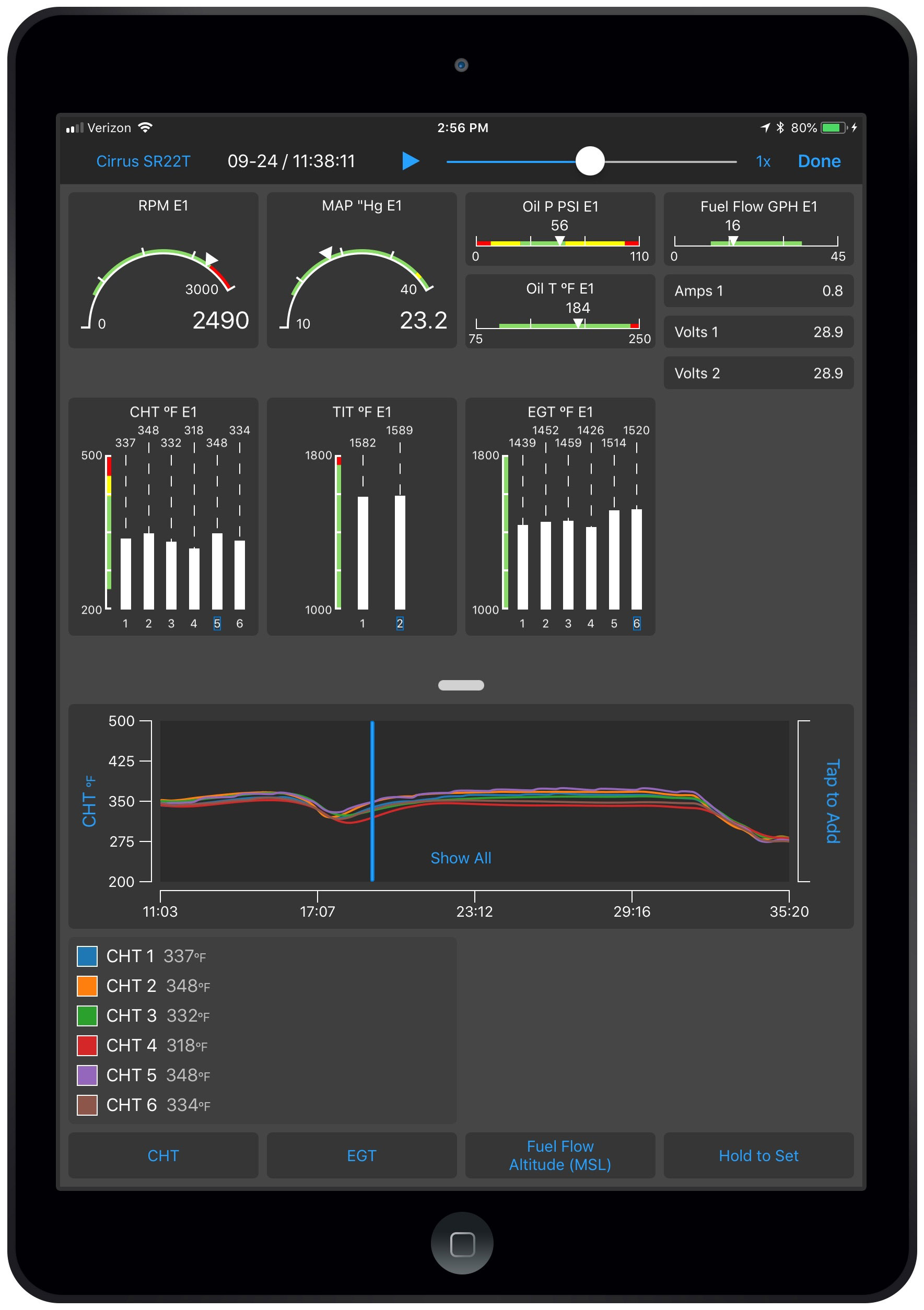 The Garmin Pilot app now offers display and playback of engine data when paired with certain Garmin flight display systems. Image courtesy of Garmin.