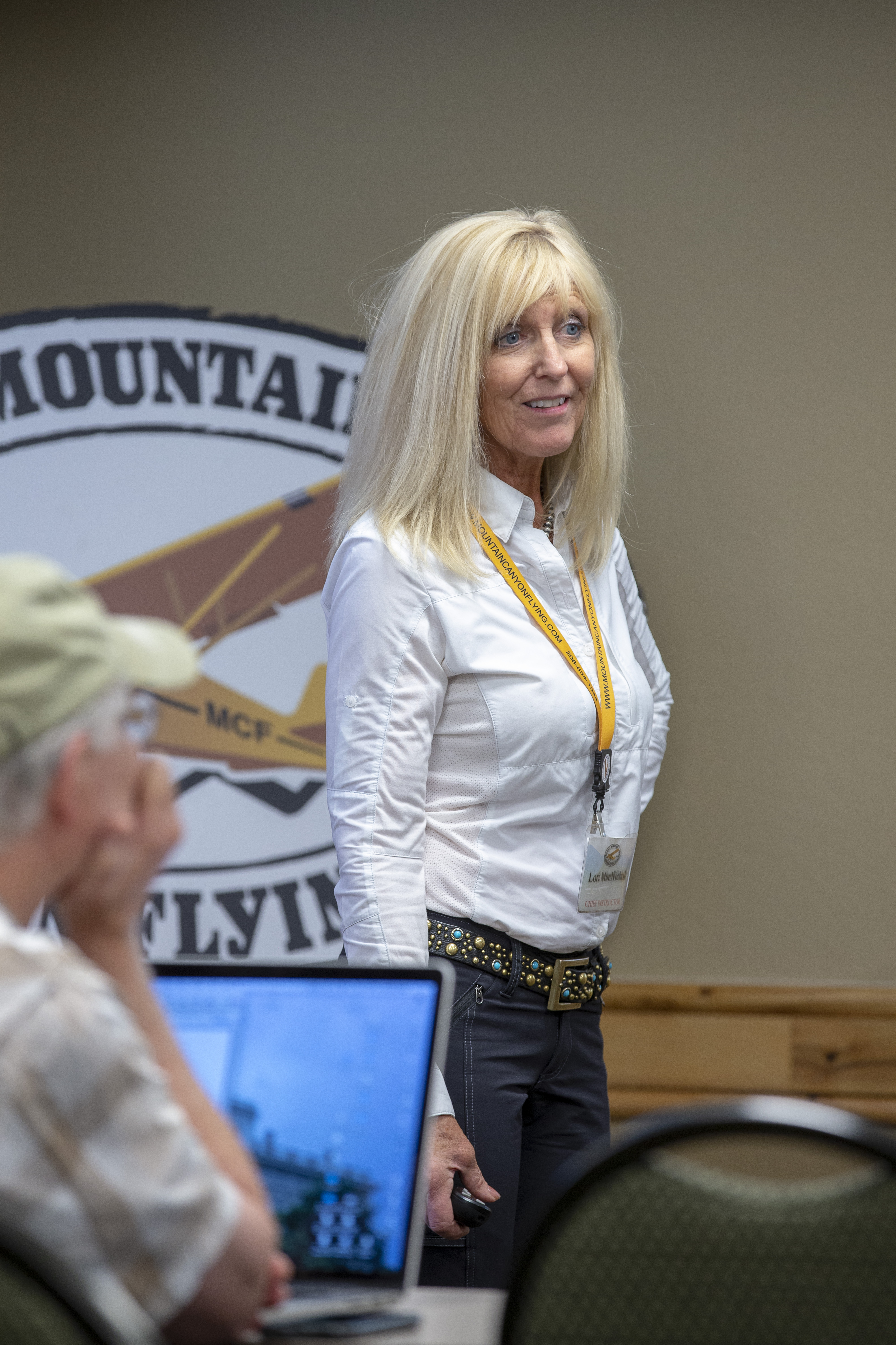 Lori MacNichol, president of McCall Mountain Canyon Flying Seminars, conducts ground school at the McCall Airport in Idaho. Photo by Mike Fizer.