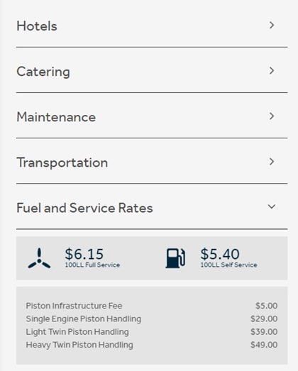 Signature's fuel and service rates at Frederick Municipal Airport in Frederick, Maryland, on Oct. 2. Signature has made its fees available at each of its locations for single-engine piston as well as light and heavy twin-engine piston airplanes.