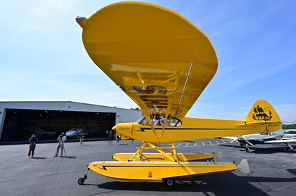 AOPA Sweepstakes Super Cub winner Wade Shealy prepares to taxi at Greenville Downtown Airport in Greenville, South Carolina. Photo by David Tulis.