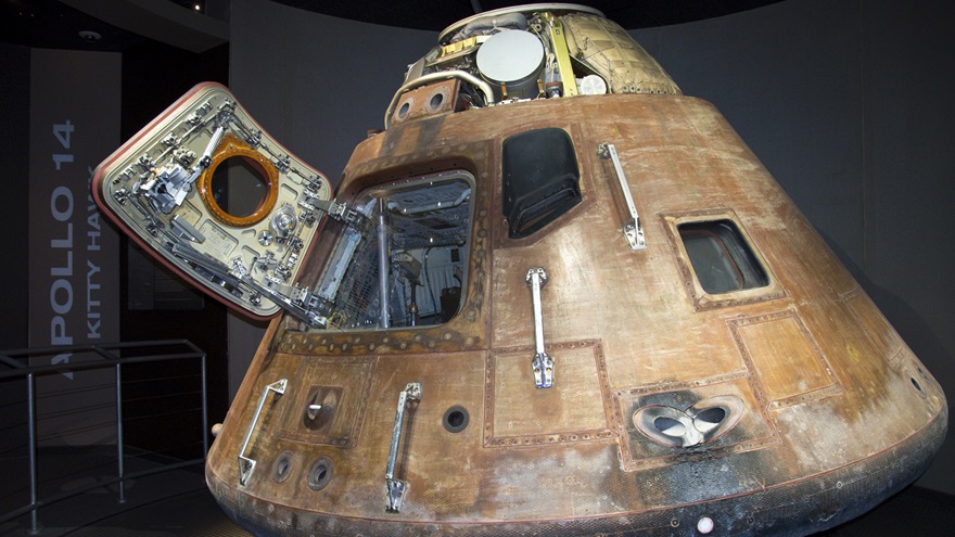 The Apollo 14 command module spacecraft, flown to the moon in 1971, displayed at the Visitor Complex at NASA's Kennedy Space Center, Florida. Photo by Dennis K. Johnson.