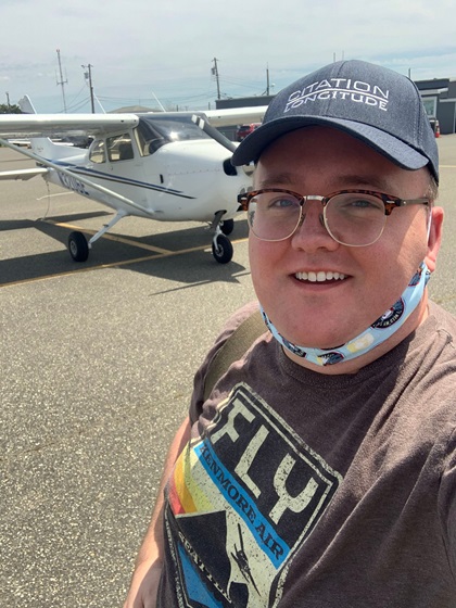 AOPA Live Producer and Video Journalist Paul Harrop takes an obligatory selfie upon getting back in the air and flying to the beach after being grounded by coronavirus pandemic restrictions.