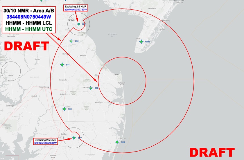 A draft version of a temporary flight restriction that the FAA expects to issue during President Joe Biden's visits to Rehoboth Beach, Delaware. Image courtesy of the FAA. 