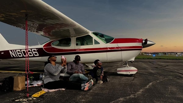 Derek Thompson Jr. flew his wife, Carla, and son, Derek, from St. Mary’s County Regional Airport in Maryland to Union County Airport in Marysville, Ohio, in their 1976 Cessna Cardinal to experience the 2024 solar eclipse along the path of totality. Photo by Alyssa J. Cobb.