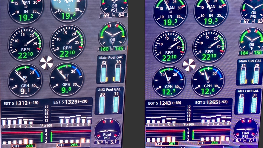 This composite of two different photos taken in flight shows the engine instrumentation readout during lean-of-peak operation on the left, and rich-of-peak operation on the right, with the Beechcraft Baron running G100UL in the left engine, and avgas in the right. At both mixture settings, the cylinder head temperature of the left engine (G100UL) was lower than the right engine (avgas), and the fuel flow on the unleaded side was also lower. Photos by Dave Hirschman.