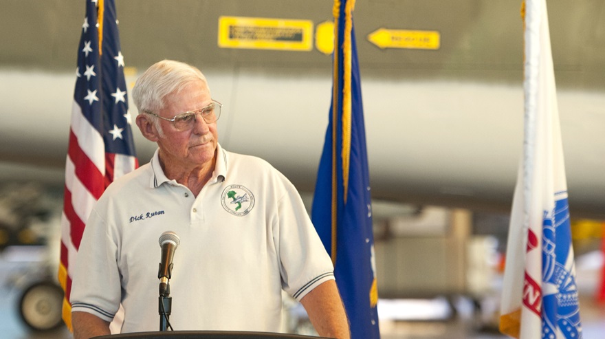 Dick Rutan, Vietnam War veteran and U.S. Air Force 'Misty Four-Zero' fighter pilot, speaks to the audience during a dedication ceremony held at the Pacific Aviation Museum Pearl Harbor on Ford Island, Joint Base Pearl Harbor-Hickam in Hawaii, on October 30, 2014. ‘Misty’ pilots reunited for a panel discussion, a book signing event, and the dedication of a restored North American F-100 Super Sabre, marking the fiftieth anniversary of the Vietnam War. U.S. Navy photo by Mass Communication Specialist 2nd Class Diana Quinlan.