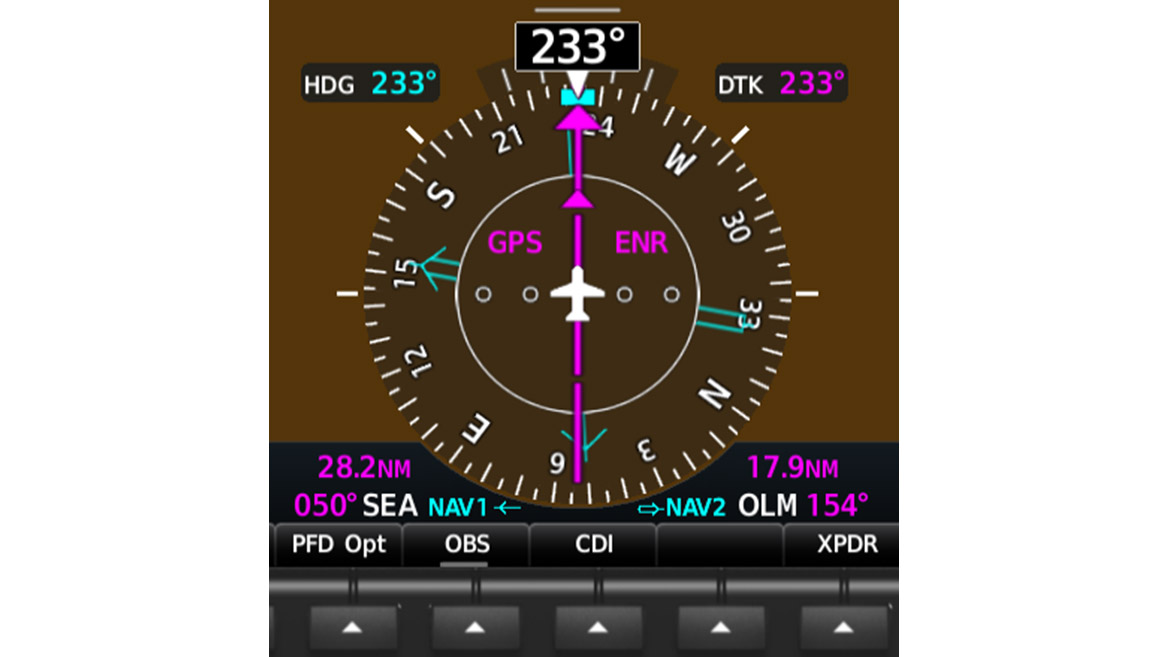 Given only the information on this screen, could you identify the VOR radials you’re on or crossing and the heading you would fly to go directly to the VOR tuned in NAV 2? Bonus points for confirming your distance to each navaid.