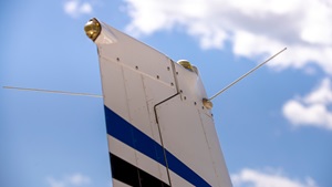 V-shaped "cat's whiskers" are one type of VHF navigation receiver antenna. All three common types are mounted on the vertical stabilizer. Photo by Chris Rose.