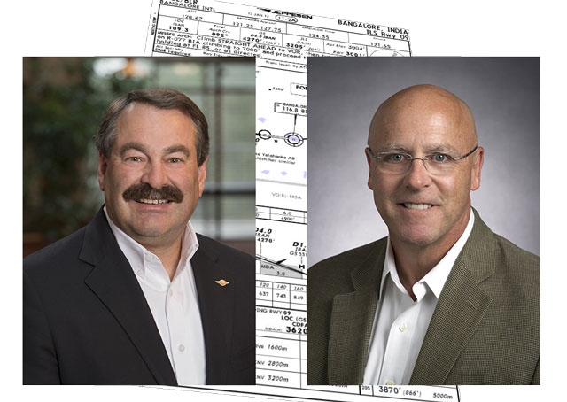 Jeppesen CEO Mark Van Tine, left, will retire in June and be succeeded by another longtime company executive, Kevin Crowley, right. Photos provided by Jeppesen, composite image created by AOPA. 