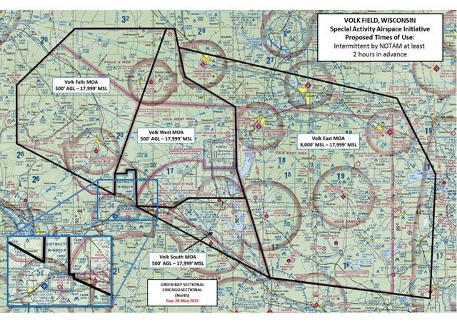 Depiction of the proposed restricted and military operations area expansions around Volk Field Airport, Camp Douglas, Wisconsin, from the Wisconsin Air National Guard draft environmental assessment. Click for a larger view. 