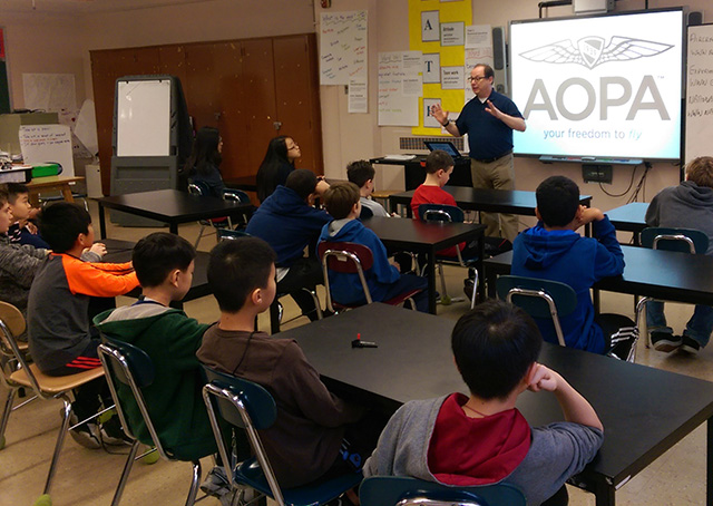 Students learn aviation and aerospace concepts in an Aviation and Space Camp initiated by the Sophie Gerson Healthy Youth organization in New York City. The winter aviation camp was a recipient of funding from a 2015 grant under the AOPA Foundation’s Giving Back program. Photo courtesy of Sophie Gerson Healthy Youth.