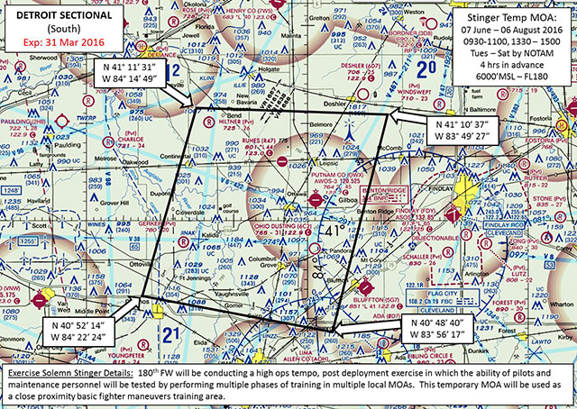 The U.S. Air Force has proposed the temporary Stinger MOA near Lima, Ohio. Click to see a larger version of the chart.