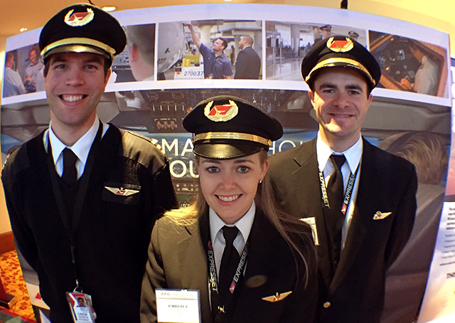 ExpressJet pilot recruiters Jason Schlup, Kimberly Ewing, and Larry Hattaway spoke to students in Atlanta to describe the air carrier’s AP3 program, which ushers career pilots from the classroom to the briefing room. Photos by David Tulis.