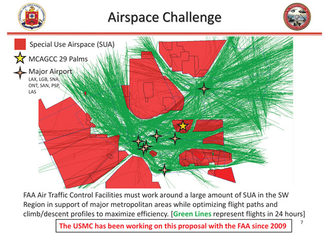 A U.S. Marine Corps graphic depicts the various military operations areas, daily aviation traffic, and the location of selected major airports. 