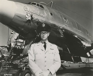 Lt. Col William G. Draper stands with “Columbine II” in 1954. U.S. Air Force photo.