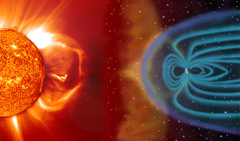 Illustration showing blasts of particles and magnetic field from the Sun that impact the magnetosphere, the magnetic bubble around the Earth.