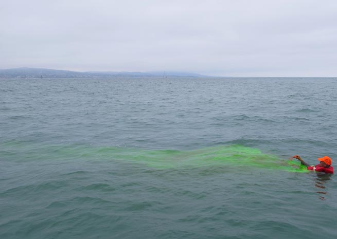 Dyeing the water makes stranded pilots easier to find.