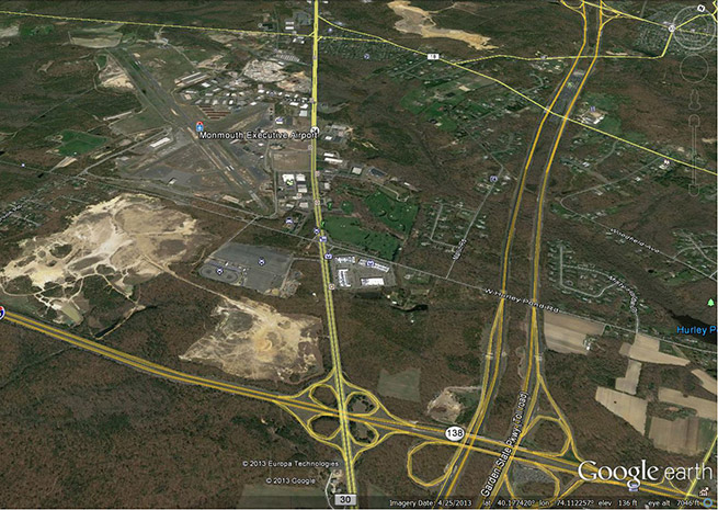 Monmouth Executive Airport is in an enviable location, just over 60 miles by road from Manhattan. Google Earth image.