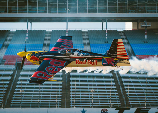 Kirby Chambliss flies just over the surface of the Texas Motor Speedway during filming of the video piece on Dec. 16. Photo credit: Skyler Fike/Red Bull Content Pool