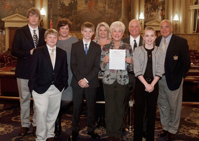 Family of Elizabeth and William T. Piper Jr. Front row (left to right):  Benjamin; William; Elizabeth; Katherine. Back row (left to right):  Nicholas; Maria; Elena; William; Steve Rabino (Board Member of Piper Aviation Museum)