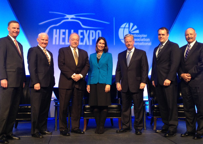 Left to right: NBAA President Ed Bolen, AOPA President Baker, HAI President Matt Zuccaro, NTSB Chairman Deborah Hersman, EAA Chairman Jack Pelton, GAMA Vice President of Operations Jens Hennig, and NATA President Tom Hendricks.