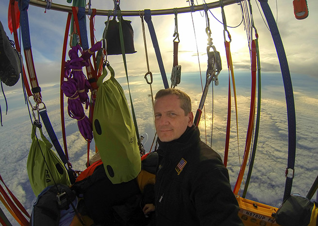 Jonathan Trappe took off his oxygen for a quick self-portrait at altitude on the way to Newfoundland. Photo courtesy of Jonathan Trappe.