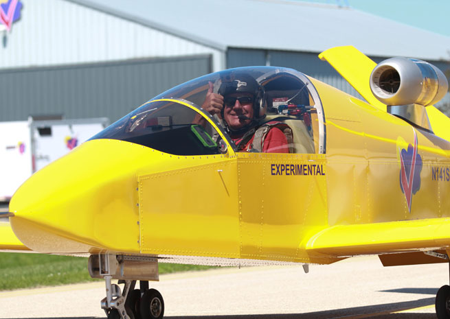 Test pilot Bob Carlton taxis back to the Sonex ramp after first flight of SubSonex Personal Jet model JSX-2.