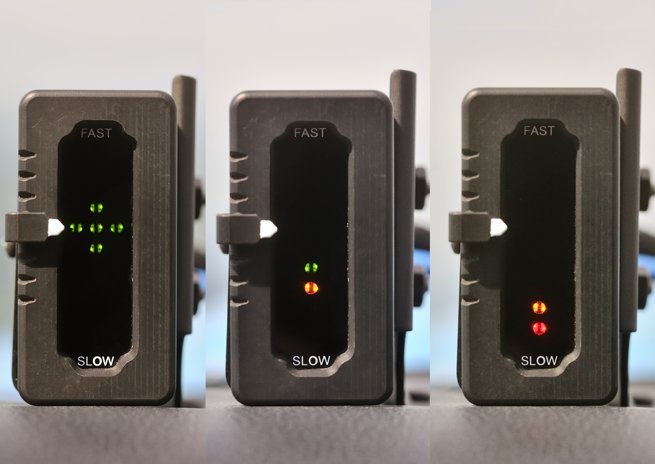 The Safe Flight SCx leading-edge angle of attack indicator is shown with an on-speed indication for a normal approach to landing (left), moving toward the slow indication (center), then transitioning to low airspeed awareness (right). An audible warning accompanies the low airspeed indications, and the red LEDs flash to draw the pilot’s attention. The white reference pointer can be moved for use in other phases of flight.