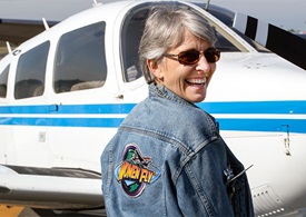 Piper Archer owner and pilot Ellen Adams shows off her favorite jacket. 