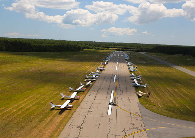 Dozens of airplanes lined up at Plymouth.