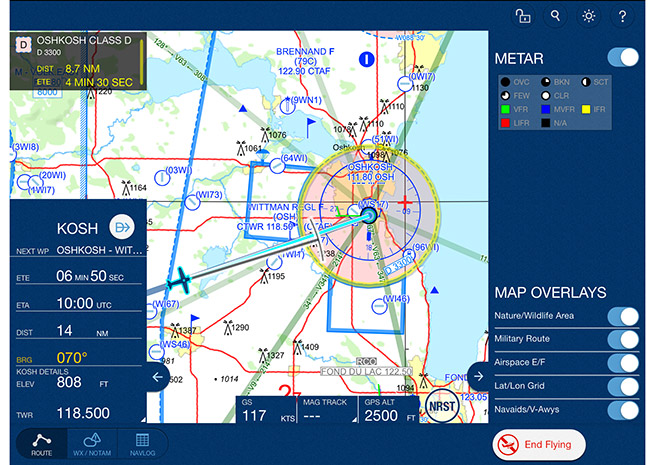 Mobile FliteDeck VFR screen display courtesy of Jeppesen. 