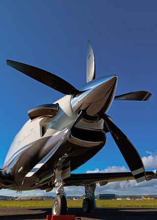 Extra thrust comes in part from a new, five-blade, carbon fiber Hartzell propeller with swept blades. Photo courtesy Daher-Socata.