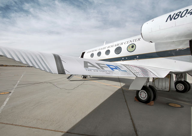 The flexible flap designed by FlexSys was extended to 20 degrees deflection for taxi testing. NASA photo by Ken Ulbrich.