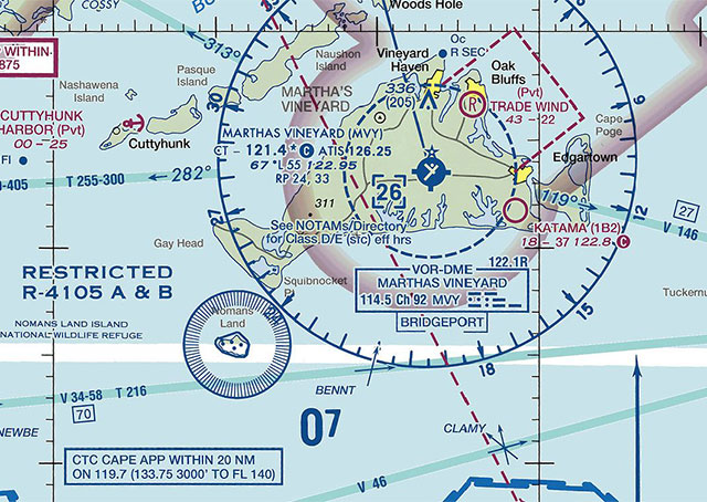 R-4105 A/B, located over a 612-acre island southwest of Martha’s Vineyard, will be taken off the books Nov. 14. Chart image not for navigation.