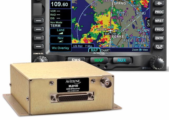 Avidyne's MLB100 ADS-B receiver, lower left, shown with an IFD540 display.