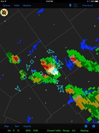 FreeFlight ADS-B View 2.0 weather and traffic display.