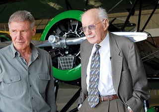 Legendary pilot Bob Hoover, right, with "Flying on the Feathered Edge: The Bob Hoover Project" film narrator and pilot Harrison Ford, left. Photo courtesy of Native Collab.