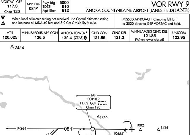 VOR Runway 9 instrument approach to Anoka County-Blaine Airport. Click to see the full approach plate.