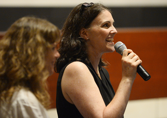 Filmmaker Kim Furst, right, introduces her film, "Flying the feathered Edge: The Bob Hoover Project," during a National Aviation Day showing of the movie hosted by the Smithsonian Air and Space Museum's Dorothy Cochrane, left, at the U.S. Capitol Building's movie theatre. Photo by David Tulis/AOPA.