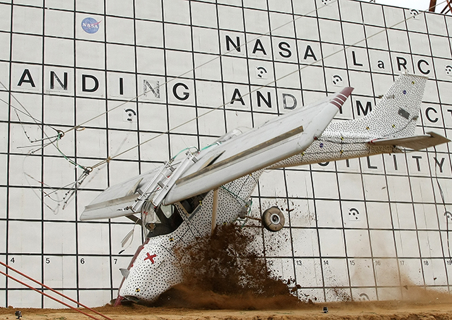 NASA painted Bill Corbett’s trusty 1974 Cessna Skyhawk white before it dropped from a crash rig at Langley Research Center Aug. 26 to test emergency locator beacons. Photo courtesy of NASA.