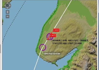 The new unmanned operating areas (in purple) contain time coding that alerts a pilot that they will be active during the expected crossing times on this flight plan. Image courtesy of Lockheed Martin. 