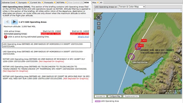 The UAS Operating Area tab developed for the Lockheed Martin flight planning tool (and for other online platforms) contains a combination of text notams and graphic depictions of drone operating areas along the route of flight. Image courtesy of Lockheed Martin. Click image for a larger view.